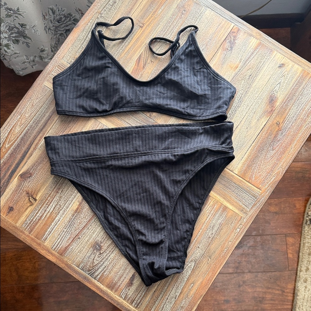 SHEIN Black Ribbed Bikini Set